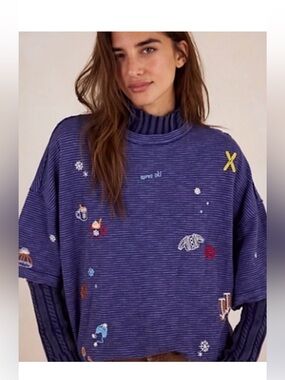 Free People Oversized Striped Embroidered Shirt